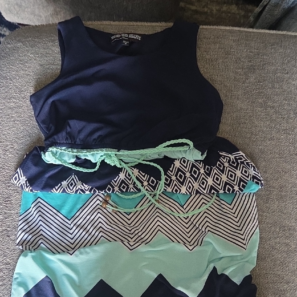 Three Hearts Navy and Mint Casual Kids Dress